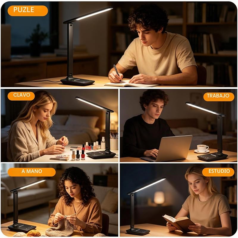 Lámpara de Escritorio LED con Puerto USB, Control Táctil, Luz Protectora Ocular, 5 Modos de Color y 5 Niveles de Brillo, Ideal para Dormitorio, Estudio y Mesita de Noche (Negro)