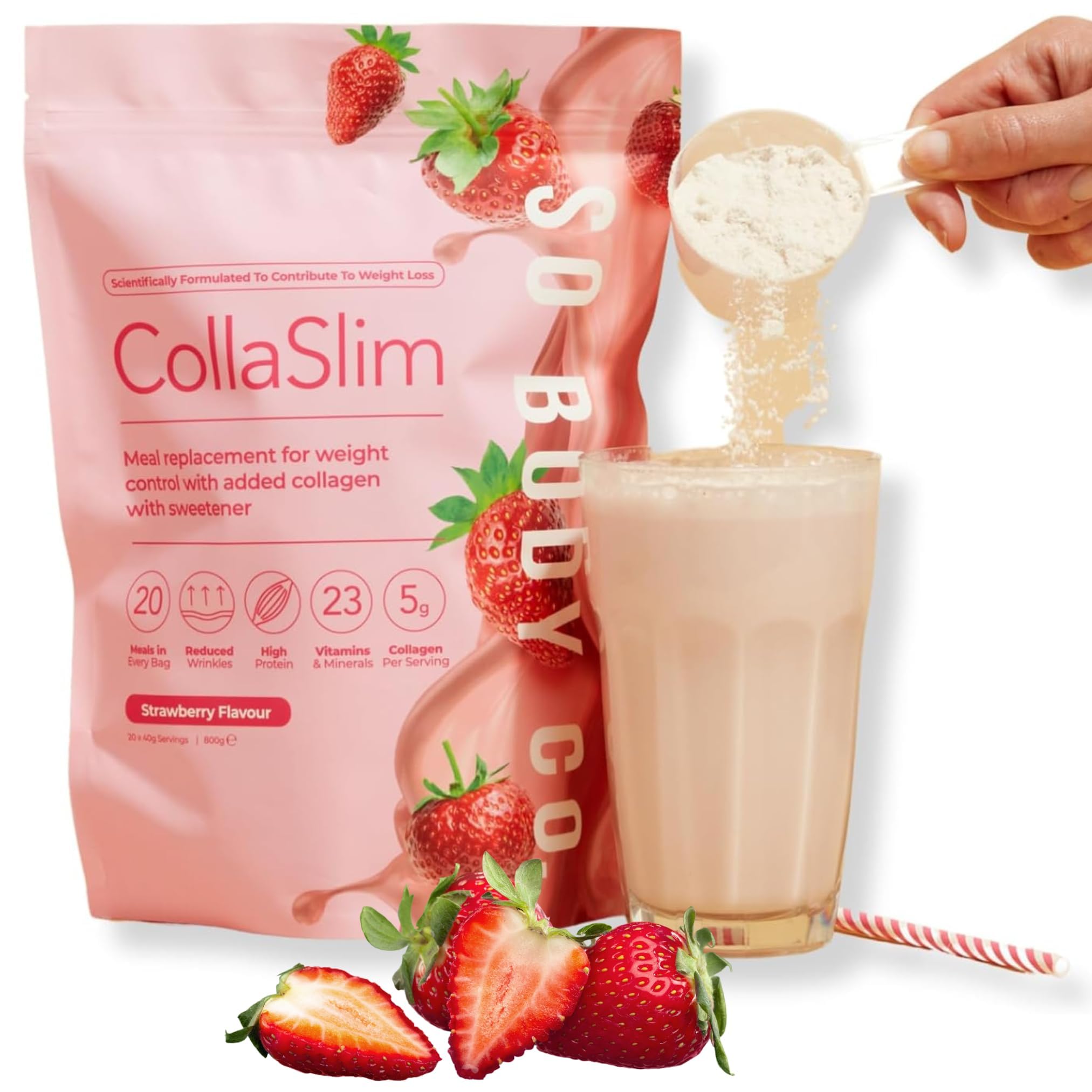 CollaSlim - Strawberry Meal Replacement Shake - 20 Servings - High Protein Diet Shake with Extra Collagen, Vitamins & Minerals - Balanced Nutrition for Weight Management