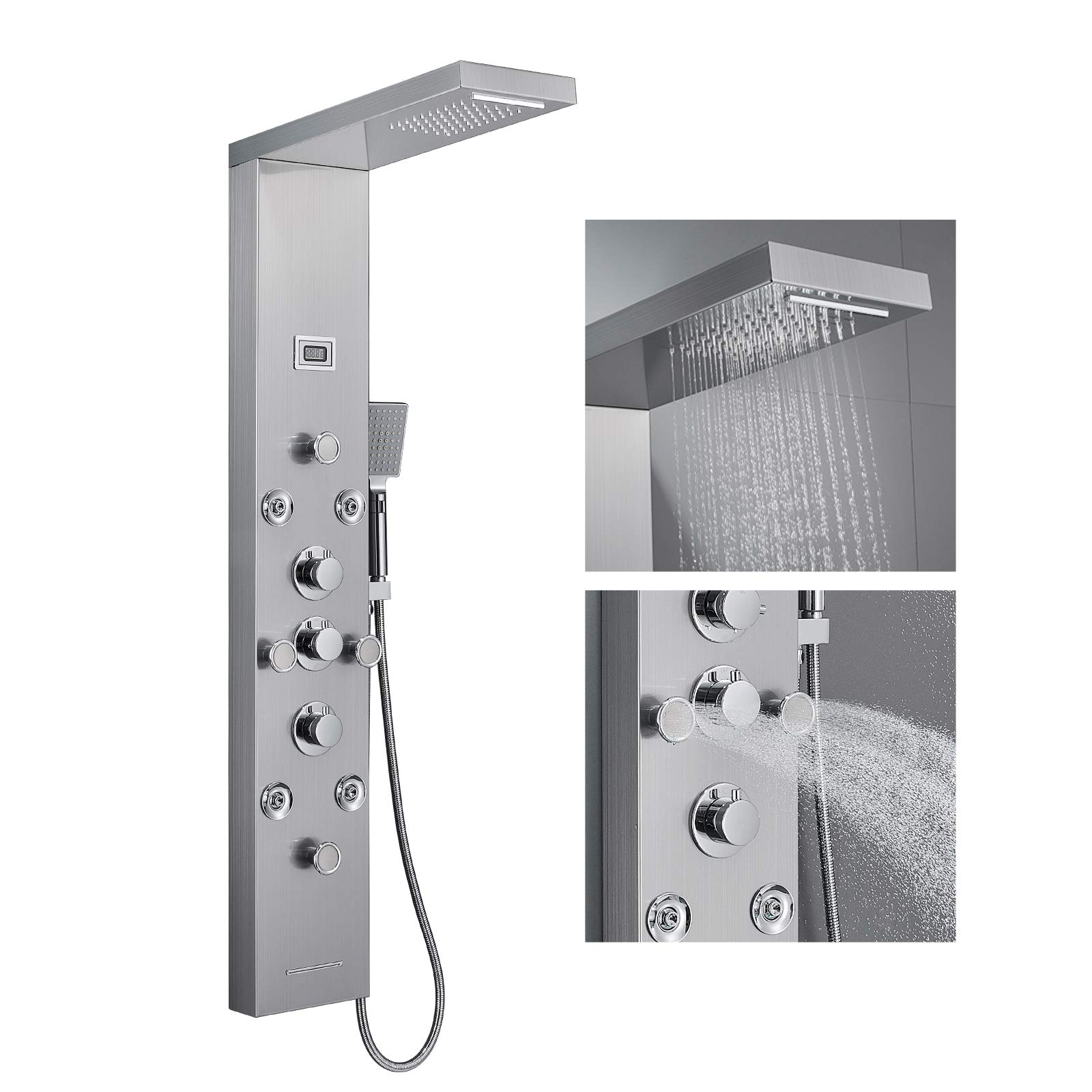 ROVOGO 4 Body Jets and 4 Mist Spray Shower Panel, Rainfall Waterfall Shower Column Tower with Handheld, Tub Spout and Water Temperature Display, 304 Stainless Steel Panel with Brass Valve, Brushed