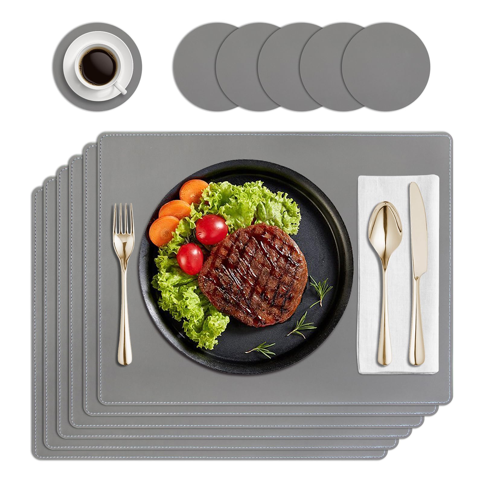 HPMAISON Placemats and Coasters Set of 6, Heat-Resistant PU Leather Table Mats Washable Non-Slip Waterproof Kitchen Dining Place Mats Set of 6 for Home, Restaurant Hotel, Outdoor, Party