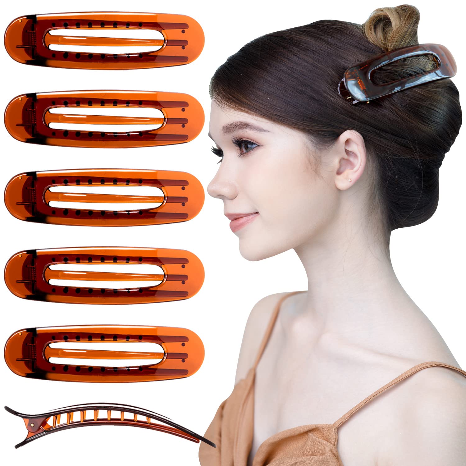 RC ROCHE 6 Pcs Flat Claw Hair Clips for Women Lay Down Barrettes No Crease Side Slide Thick Long Hair Duckbill French Against Head Jaw Claw Styling Jumbo Extra XL Clamp, Large Brown