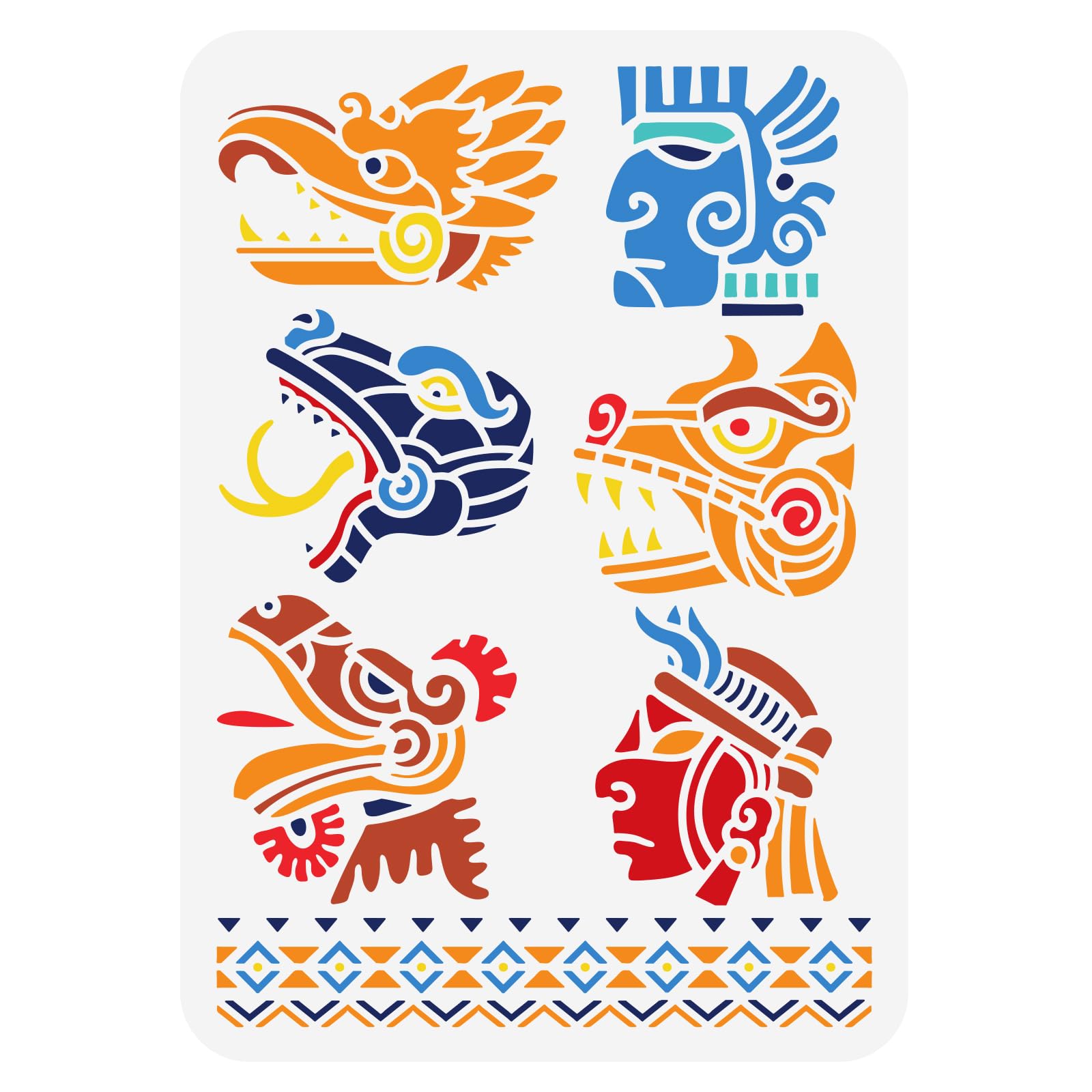 FINGERINSPIRE Mayan Aztec Symbols Stencil 21x29.7cm Plastic Tribal Theme Painting Stencils Wall Mayan Face Spraying Stencils Reusable Human Faces Snakes Tigers Dragons and Birds Drawing Stencils