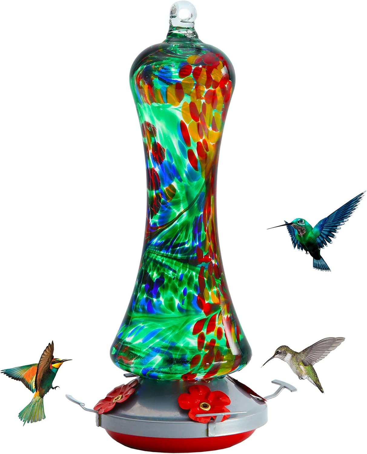 Backyard Birding & Wildlife - Birdkiss Hummingbird Feeder for Outdoors Hanging, Hand Blown Glass Hummingbird Gift with Perch, Leak Proof, Never Fade, 4 Feeding Ports, 20 fl.oz, Include Hook, Ant Moat, Rope, Brush, Gift for Garden