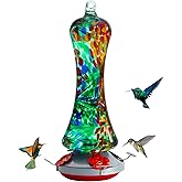 Glass Hummingbird Feeder for Outdoors: Leak Proof Hanging Hummingbirds Present for Women - Ant Moat & Hang Hook Included, Metal Base with 4 Feeding Ports & Perch, 20 Fluid Oz, Best Garden Decor