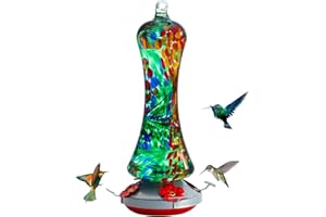 BIRDKISS Glass Hummingbird Feeder for Outdoors: Leak Proof Hanging Hummingbirds Present for Women - Ant Moat & Hang Hook Included, Metal Base with 4 Feeding Ports & Perch, 20 Fluid Oz, Best Garden Decor