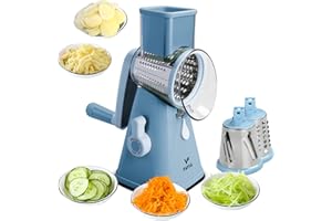 FAVIA Rotary Cheese Grater, Kitchen Speed Mandoline Vegetable Slicer Grinder with 3 Interchangeable Blades,Easy to Clean Shredder for Fruit, Vegetables, Nuts（Pewter Blue)