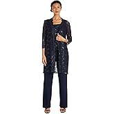 R&M Richards Women's 3-Piece Glitter Lace Scallop Duster Pant Set W/Matching Tank Top & Knee Length 3/4 Sleeves Jacket