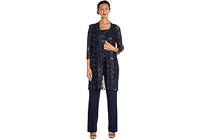 R&M Richards Womens Lace Tank Top and Pant Set with Sheer Lace Jacket