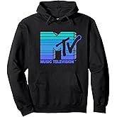 Mademark x MTV - Hand Drawn Blue Vapor Wave Sun Stripes Vintage MTV Logo Pullover Hoodie