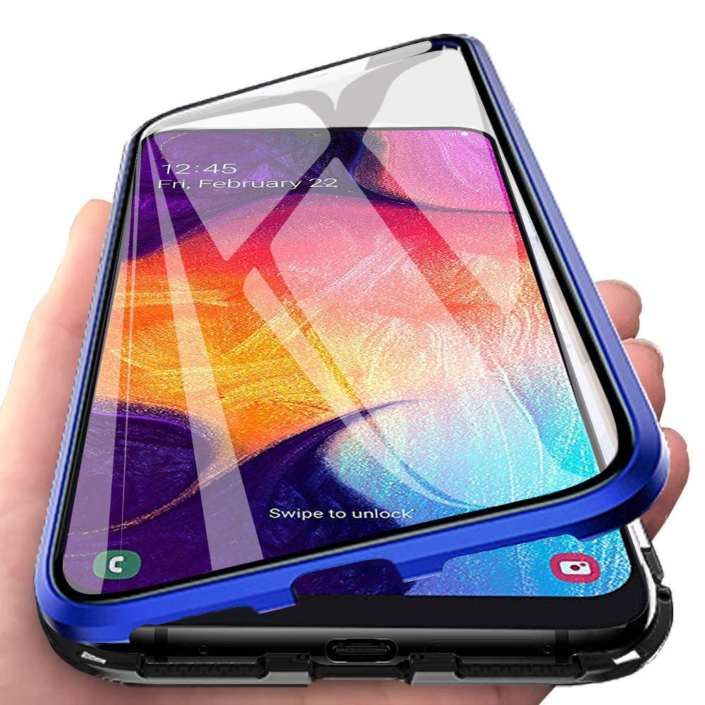 DoubTech Case for Samsung Galaxy A50 / Galaxy A30s Magnetic Adsorption 360 Degree Protection Cover Haptic Tempered Glass Strong Magnets Aluminum Frame Shockproof Metal Flip Case