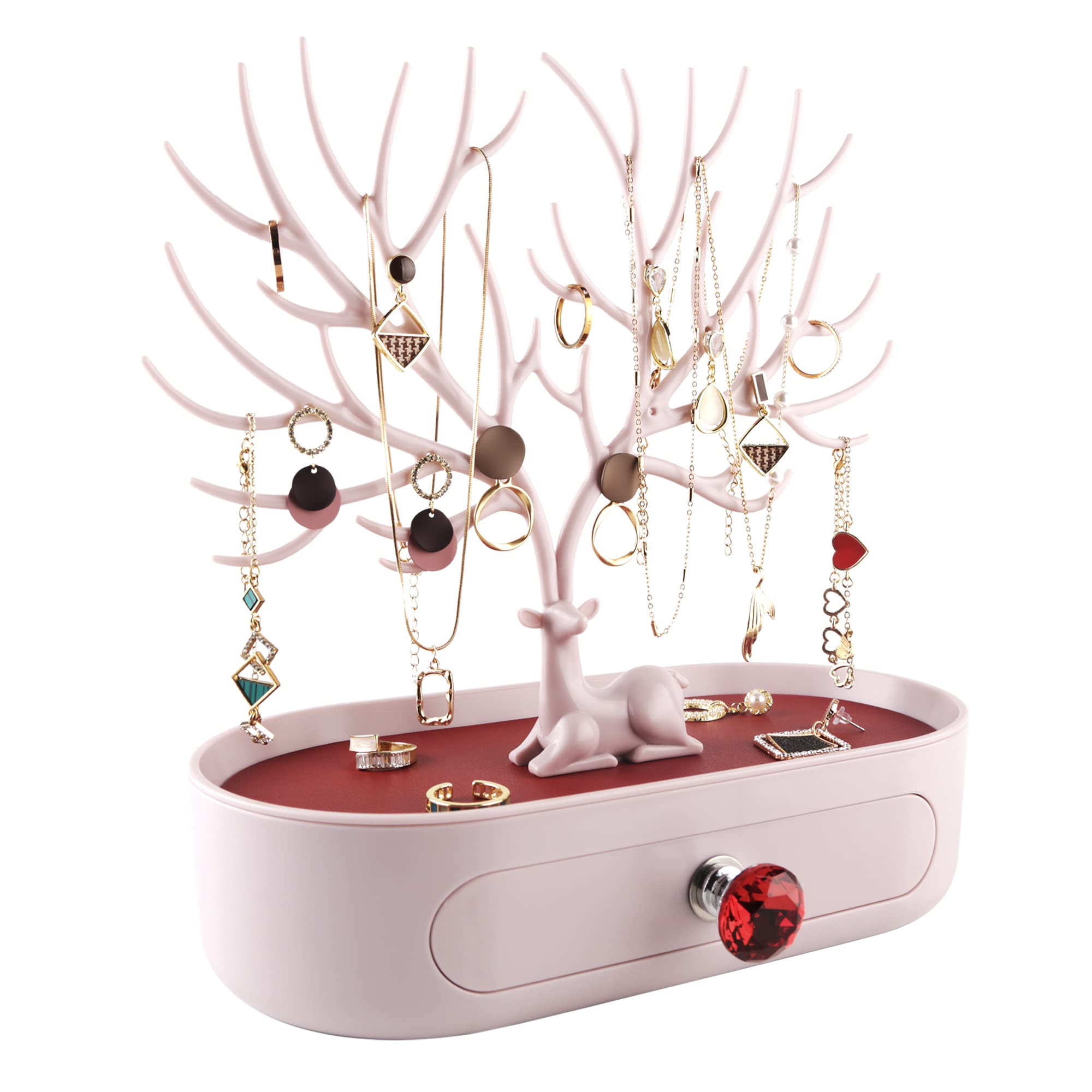 MORE&LESS Red Artificial Leather and Red Crystal Handle Deer Jewelry Display Rack for Ring Earrings Necklace Bracelet
