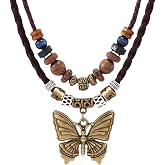 Cluksik Boho Necklace for Women,Vintage Butterfly Pendant Necklaces,Adjustable Wooden Beads Layered Braided Choker,Fashion Tribal Style Leather Rope Necklace Jewelry,Chunky Statement Gift for Women