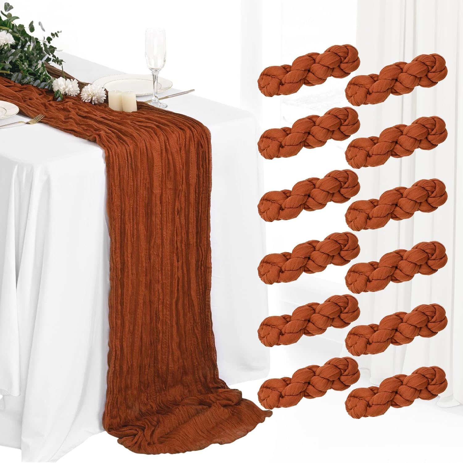 Photo 1 of 12Pcs Terracotta Cheesecloth Table Runner 120 Inch10FT Terracotta Color Rustic Boho Cheesecloth Table Runnerfor Wedding Party Baby Shower Birthday Home Decor Holiday Decorations