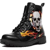 coolcustomize Custom Black Combat Boots for Women Fashion Lace-Up Skull Rose Ankle Booties Chunky Heel Platform Leather Boots