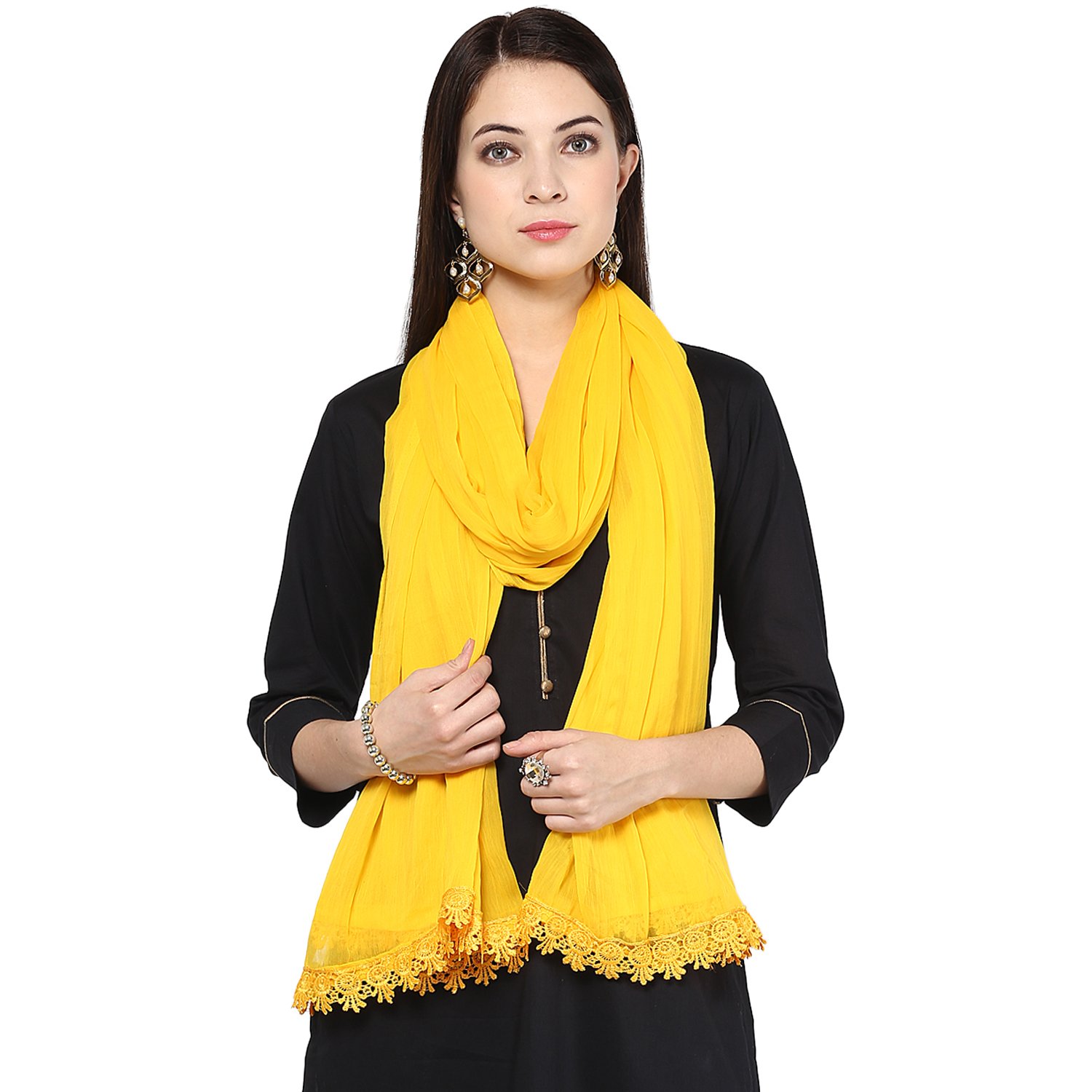solid yellow chiffon dupatta with lace