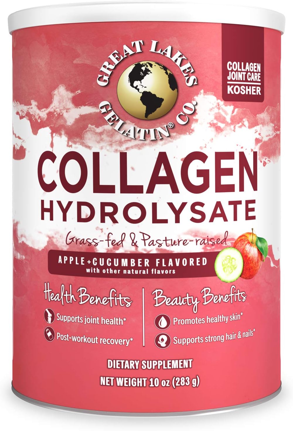 Great Lakes Gelatin, Collagen Hydrolysate, Apple + Cucumber Flavored Beef Protein, Kosher, 10 Oz Can: Health & Personal Care
