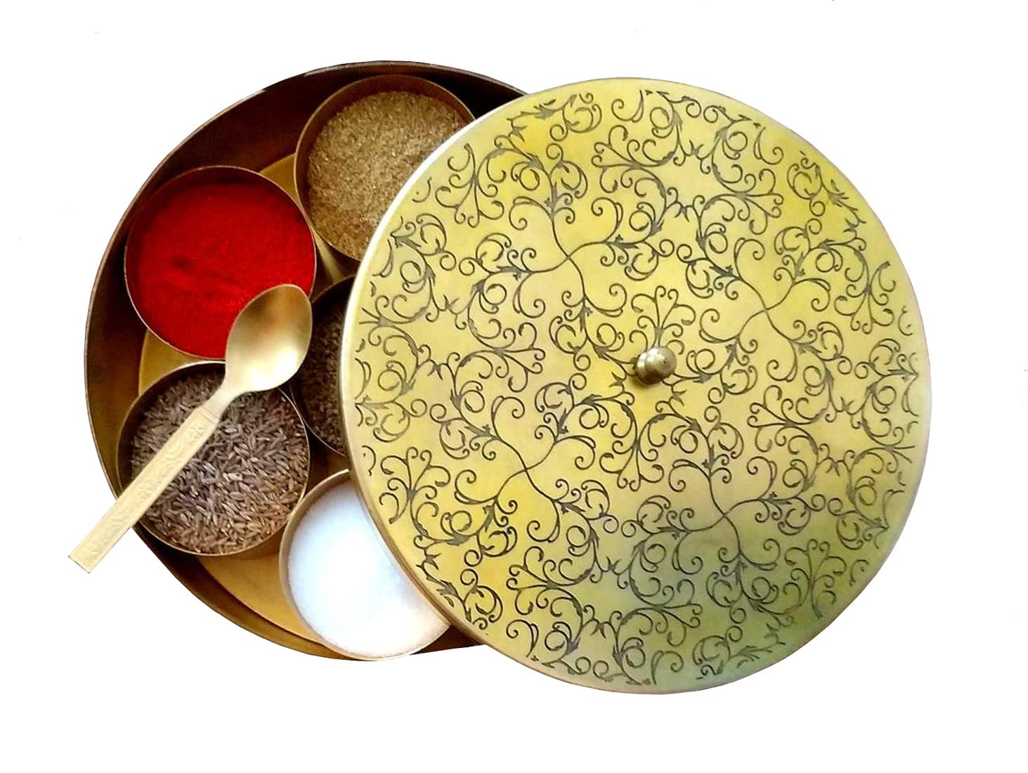 Purpledip Golden Metal Masala Box For Storing Spices & Herbs: 7 Bowls Masaladan In Vintage Brass Finish For Kitchen, 900 Grams Heavy (12668)