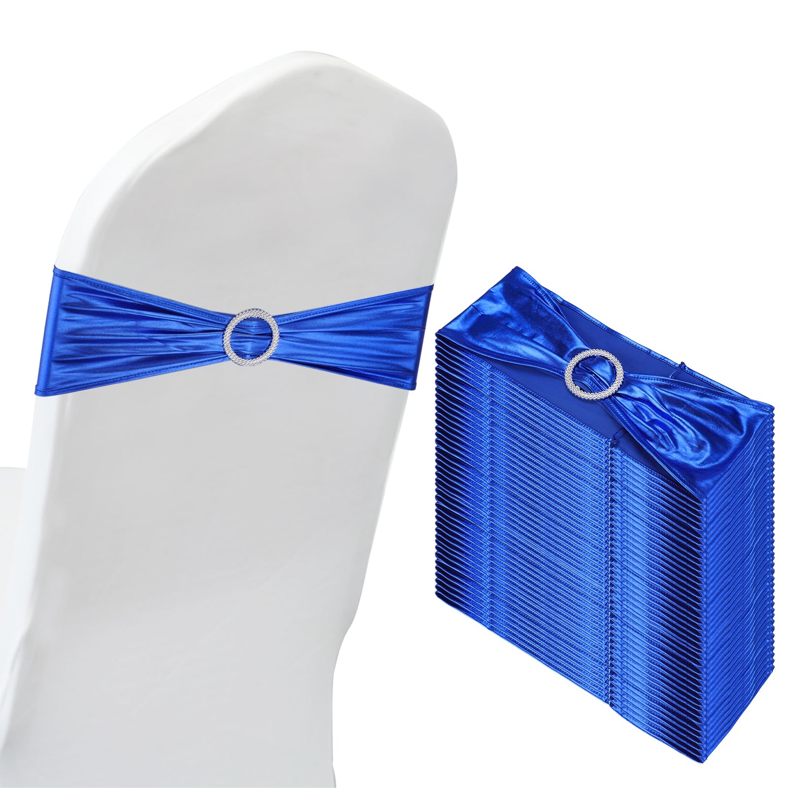 PATIKIL 14"x5" Stretch Chair Sashes Bows, 50 Pack Elastic Chair Bands Sashes with Buckle Slider for Wedding Banquet Decorations, Deep Blue