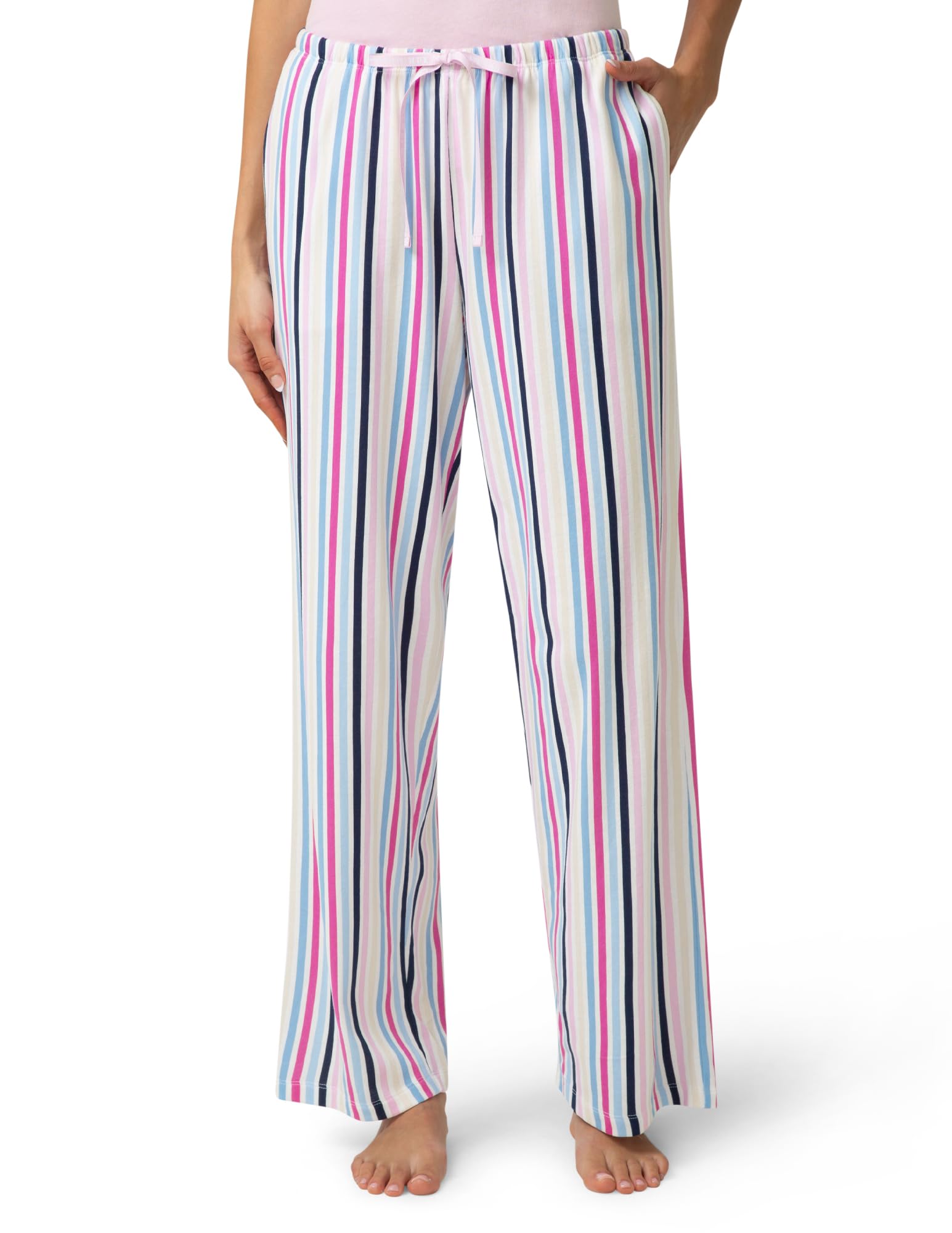 HUE Women’s Cotton Candied Pajama Lounge Pants 100% Cotton Super Soft Cozy Sleepwear Bottoms with Pockets, Bright White – Sweet Stripe, 2X