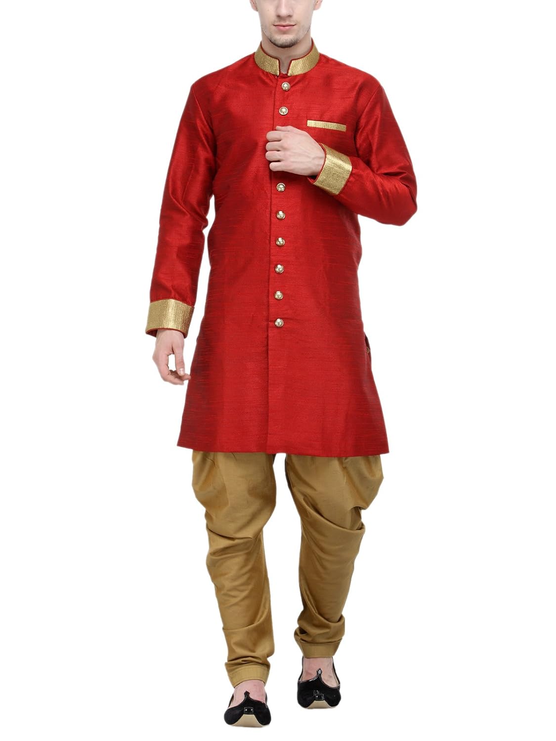 rg designers red and gold plain sherwani for men