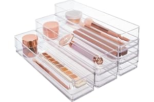 STORi SimpleSort 6-Piece Stackable Clear Drawer Organizer Set | 12" x 3" x 2" Rectangle Trays | Narrow Makeup Vanity Storage Bins and Office Desk Drawer Dividers | Made in USA