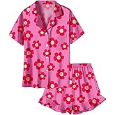 Umeyda Girls Satin Silky Collar V Neck Ruffle Short Sleeve Top and Shorts Sleepwear PJs, Rose Red Flower, 9-10 Years