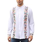 Mexican Shirts for Men Guayabera Embroidered Traditional Fiesta Button Up Mandarin Collared Long Sleeve Shirt