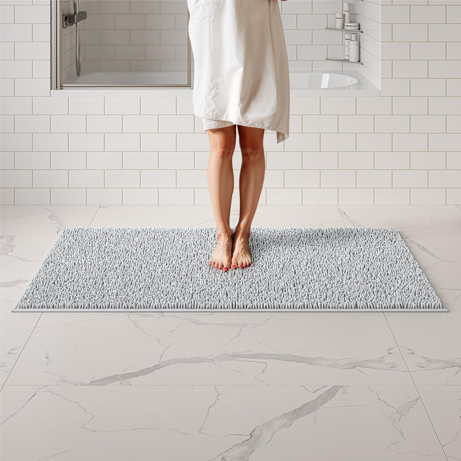 Photo 1 of ITSOFT Plush Bathroom Rug 61x31, Absorbent Machine Washable Non Slip Chenille Bath Mats, Quick Dry Bathmat, Bath Rugs for Bath, Shower, Bedroom, or Door Mat, White