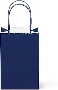 12 Counts Food Safe Premium Paper and Ink Small 8.5” X 5.25”, Vivid Colored Kraft Bag with Colored Sturdy Handle, Perfect for Goodie Favor DIY Bag, Environmentally Safe (Small, Navy)