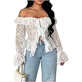 WDIRARA Women's Off The Shoulder Lace Top Ruffle Long Flounce Sleeve Tie Front Sheer Blouse