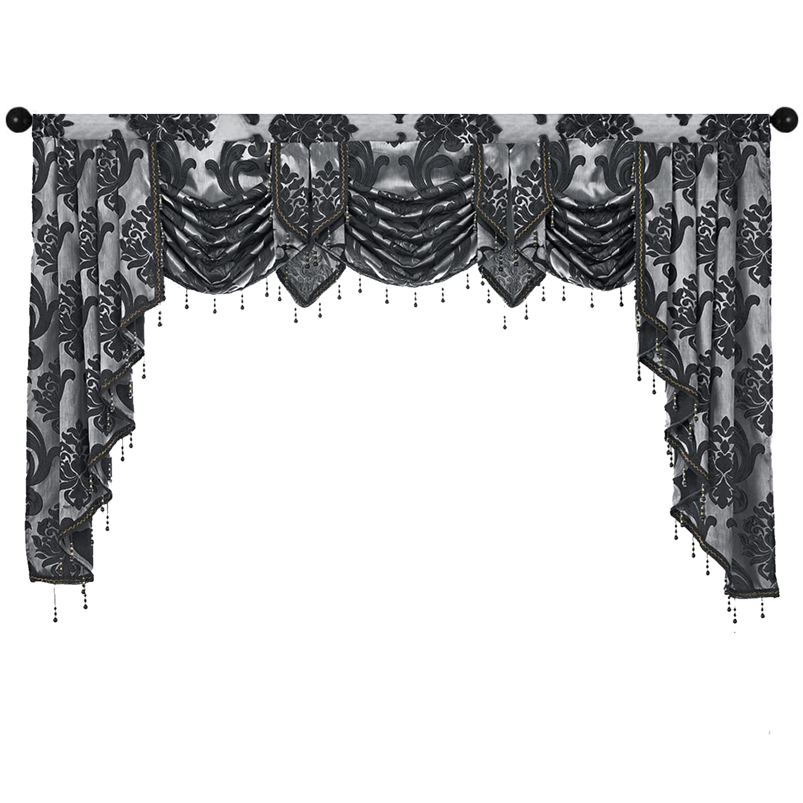 NAPEARL Jabot Curtains European Style Kitchen Window Valances and Swags, Luxury Jacquard Cascade Curtains for Living Room (1 Valance Black, 79" Wide)