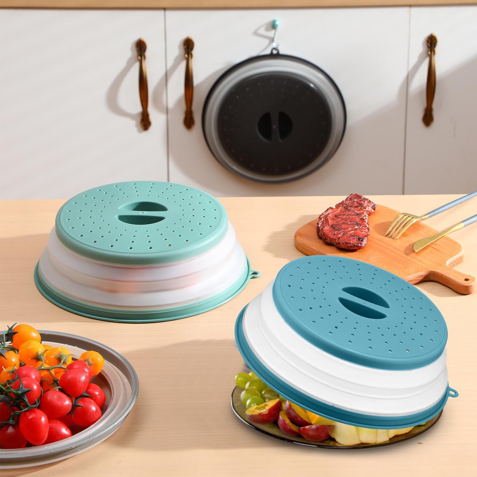 2 Stück Faltbare Mikrowellen Abdeckung, Deckel für Mikrowelle, Abdeckhaube für Mikrowellendeckel, Hoch Mikrowellen Spritzschutz, Faltbare Mikrowellenabdeckung mit Haken, für Obst, Gemüse (Grau, Blau) 3