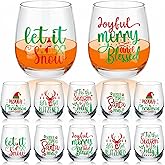 Zhehao 12 Pcs Christmas Drinking Glasses 12oz, Santa Drinking Glass Set with Let It Snow, Merry Christmas & Holiday Quote Designs, Stemless Xmas Wine Cups for Festive Parties and Gift Favors