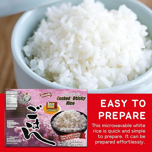 SHIRAKIKU DRIED GRAINS & RICE – JAPANESE STYLE SHORT GRAIN STICKY WHITE RICE – PREMIUM QUALITY MICROWAVABLE READY TO EAT COOKED SUSHI RICE, 7.4 OUNCE (PACK OF 12)