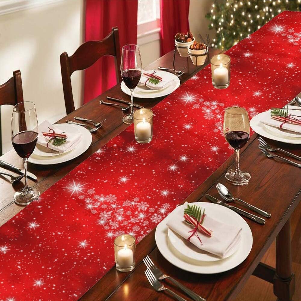 WIHVE Christmas Decorative Table Runner 13 x 70 Inch, Xmas Tree Tablerunner Red Snowflake Flowers Non-Slip Polyester Table Runner for Family Dinner Office Kitchen Table