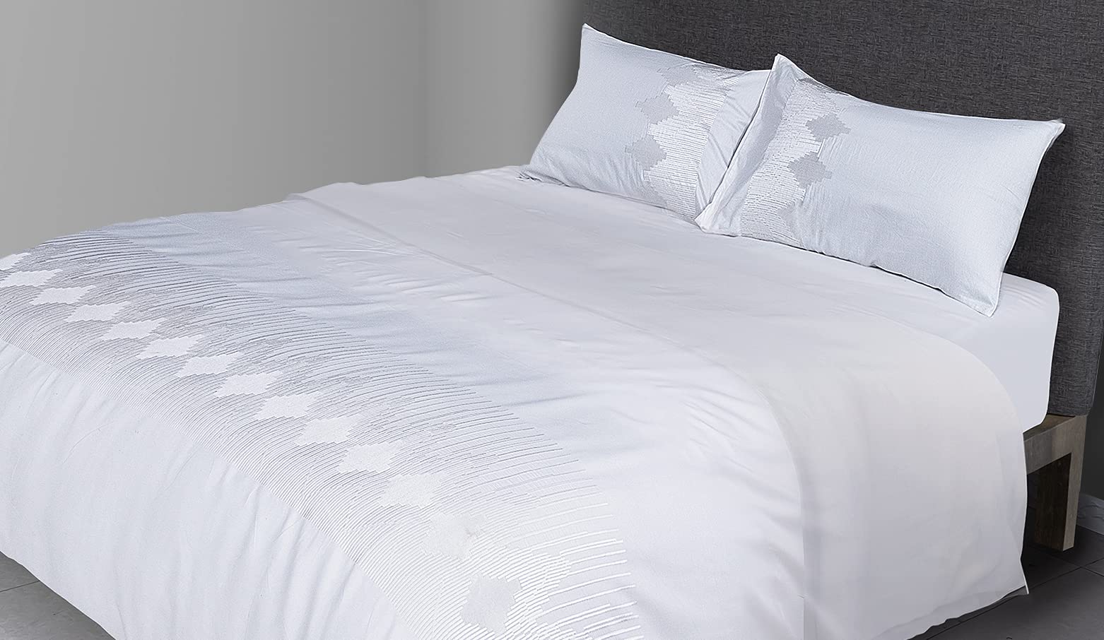 FLAX LINEN 4-Piece Double Duvet Set, Celia Silver Collection, 400 TC Long Staple Organic Egyptian Cotton Bedding, Includes 1 Duvet Cover + 1 Fitted Sheet + 2 Pillowcases, Grey