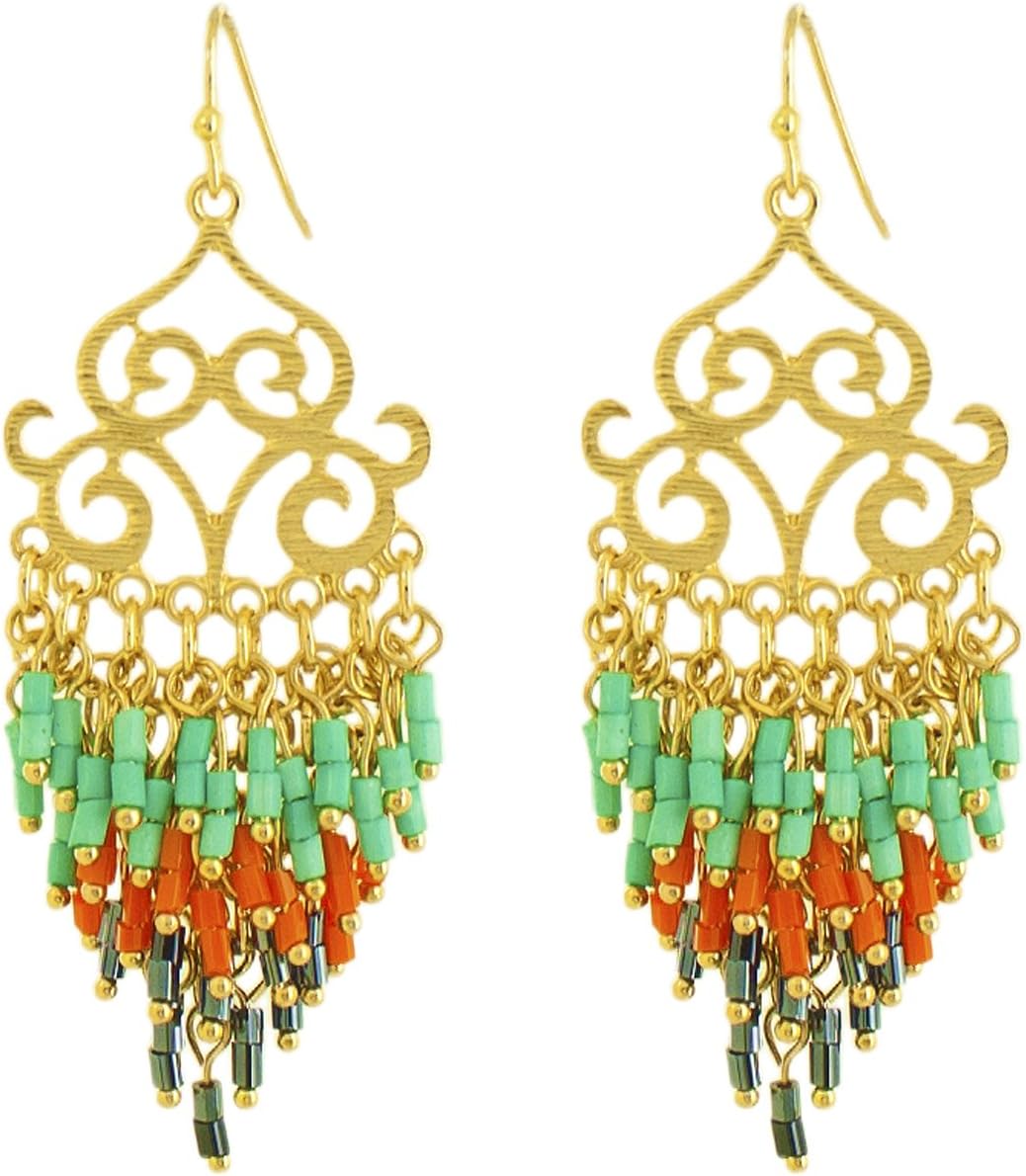 Scroll Beaded Chandelier Earrings: Multicolor