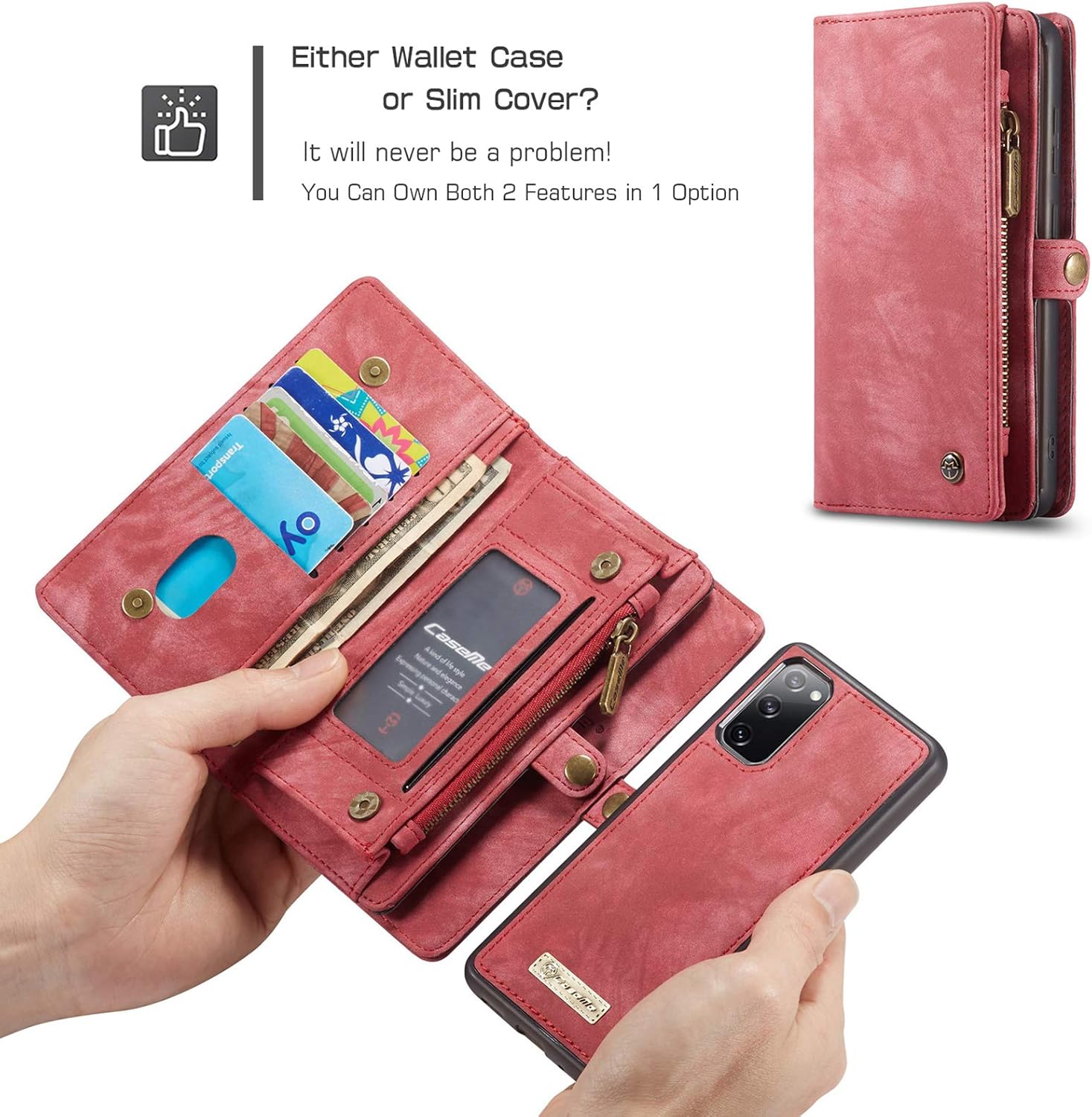 ANROD Detachable Leather Wallet Case for Samsung Galaxy S20 FE 5G,CaseMe Magnetic Closure 2-in-1 Flip TPU Shockproof Zipper Purse Back Cover with Card Slots (Red) - Image 5