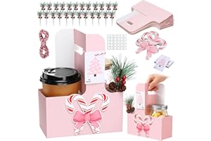 Oudain 24 Set Christmas Drink Carriers with Handle Christmas 2 Cup Drink Holders Pink Kraft Treat Gift Bags Flower Holder Boxes with Xmas Greeting Cards and Berry Pines for Teacher Student Gift Bags