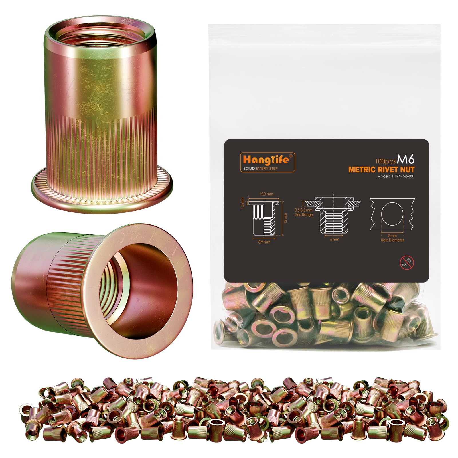 HANGLIFE Rivet Nut, M6 Metric Rivnut - Flat Head Nutserts, Zinc Plated Carbon Steel Knurled Body Threaded Insert Nuts, 100 Pieces