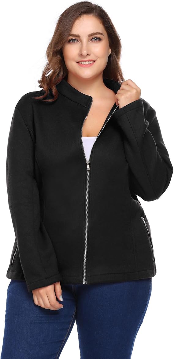 Women Plus Size Full Zip Fleece Jacket Coat With Pocket High Collar