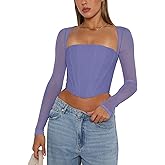 REORIA Women's Sexy Mesh Long Sleeve Boned Corset Top Trendy Y2K Square Neck Going Out Bustier Crop Tops