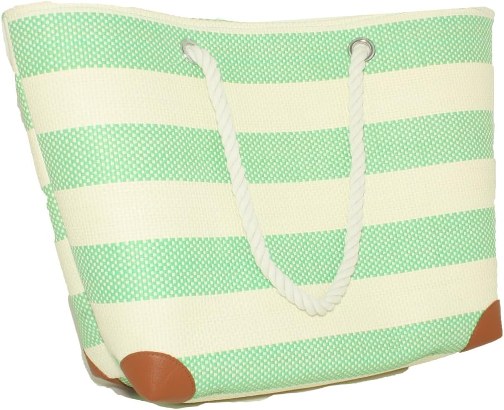 Silver One Oversized Water Resistant Woven Striped Travel Beach Tote Bag with Durable Rope Handle