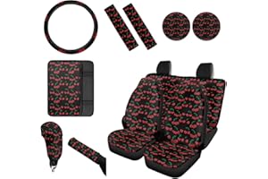 Wanyint Cherry Print 12 Pack Car Seat Cover Full Set for Women Men, with Steering Wheel Cover Seat Belt Pad Armrest Pad Handbrake Cover Gear Shift Cover Washable Cup Coaster Holder Auto Accessories