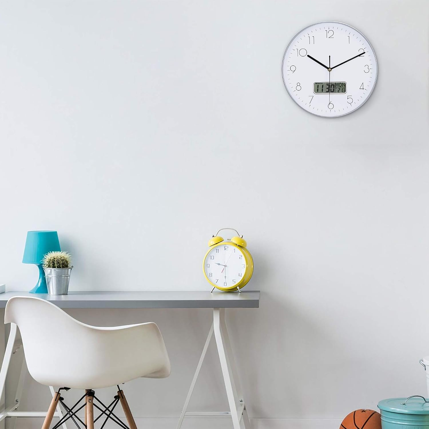 Lafocuse 12 Inch Silent Silver Wall Clock with Date and Day, Temperature, Day of Week - Image 4