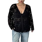WDIRARA Women's Plus Size Floral Lace Tops Mesh Sheer Button Down Shirts Long Sleeve Deep V Neck Blouse