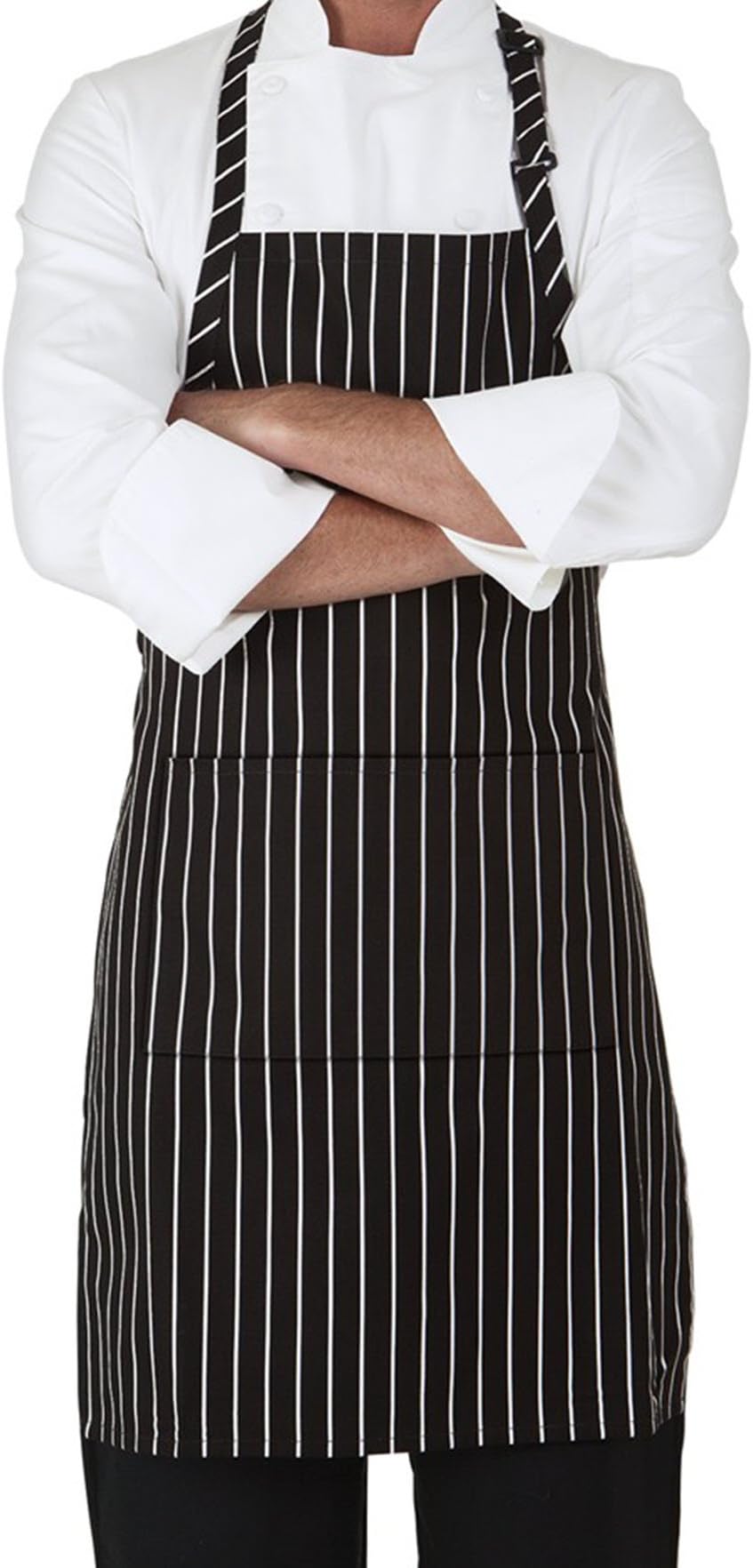 MHF Aprons-1 Piece Pack-Pinstripe Adjustable Neck Bib Apron with 3 Pockets, Black/White Pinstripe