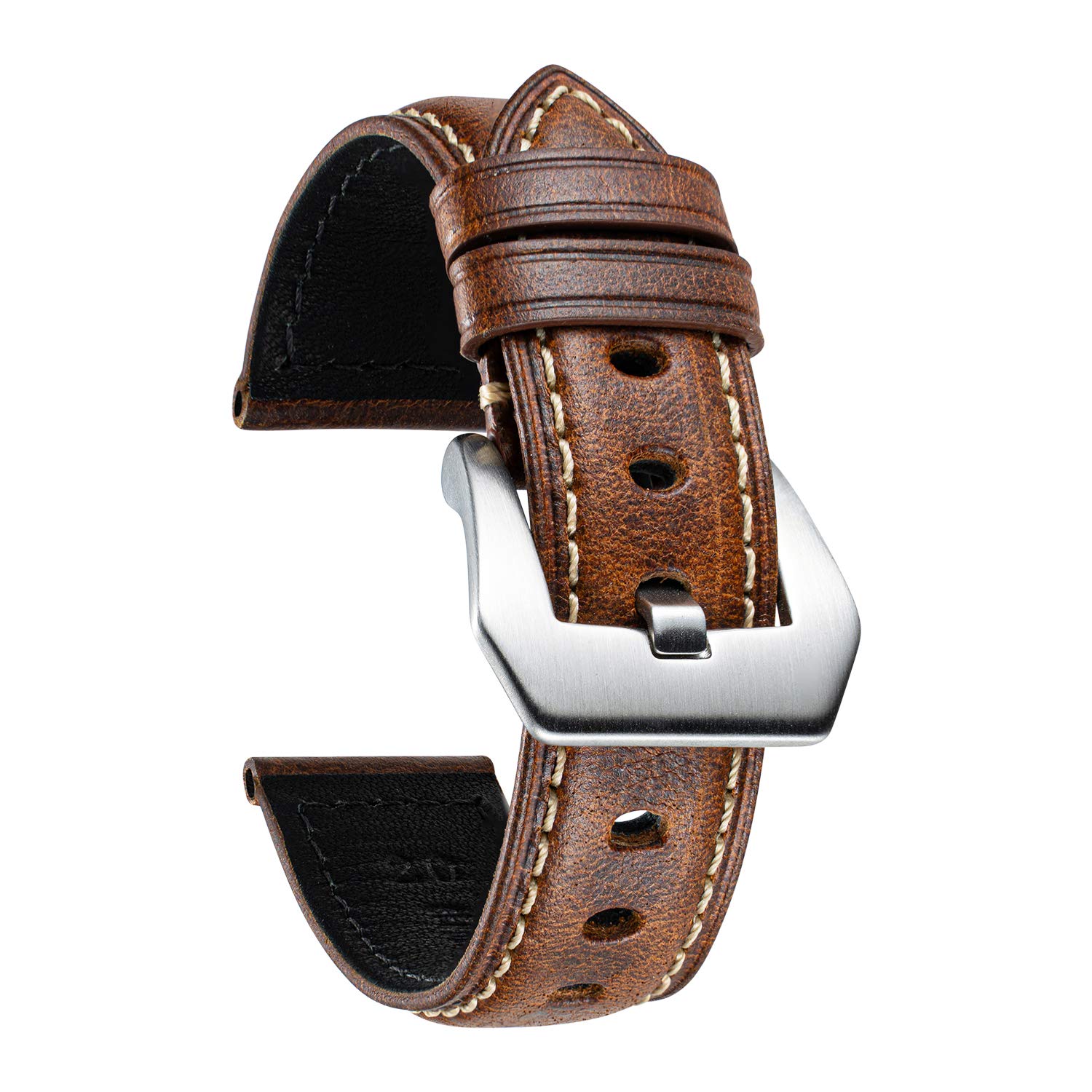 BINLUN Retro Leather Watch Strap for Men 18mm 20mm 22mm 24mm 26mm Handmade Oil Waxed Leather Strap Replacement Vintage Watch Band Stainless Steel Buckle(Light Brown/Silver Buckle,26mm)