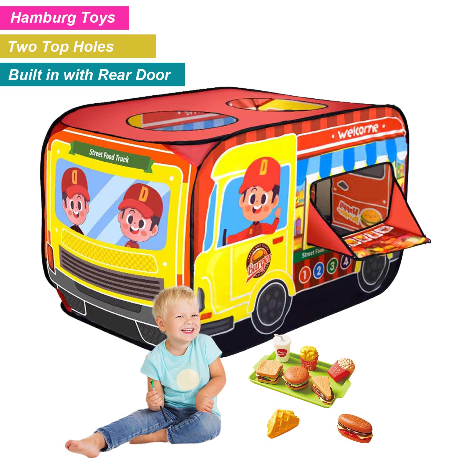 Pop Up Tents for Kids 3-5, Indoor Playhouse for Toddler with Golf, Dart, Basketball Hoop, Tiny Hamburg Playset, Foldable Tent for Toddlers, Boys and Girls, Flat-Folding Hamburg Car Play Tent
