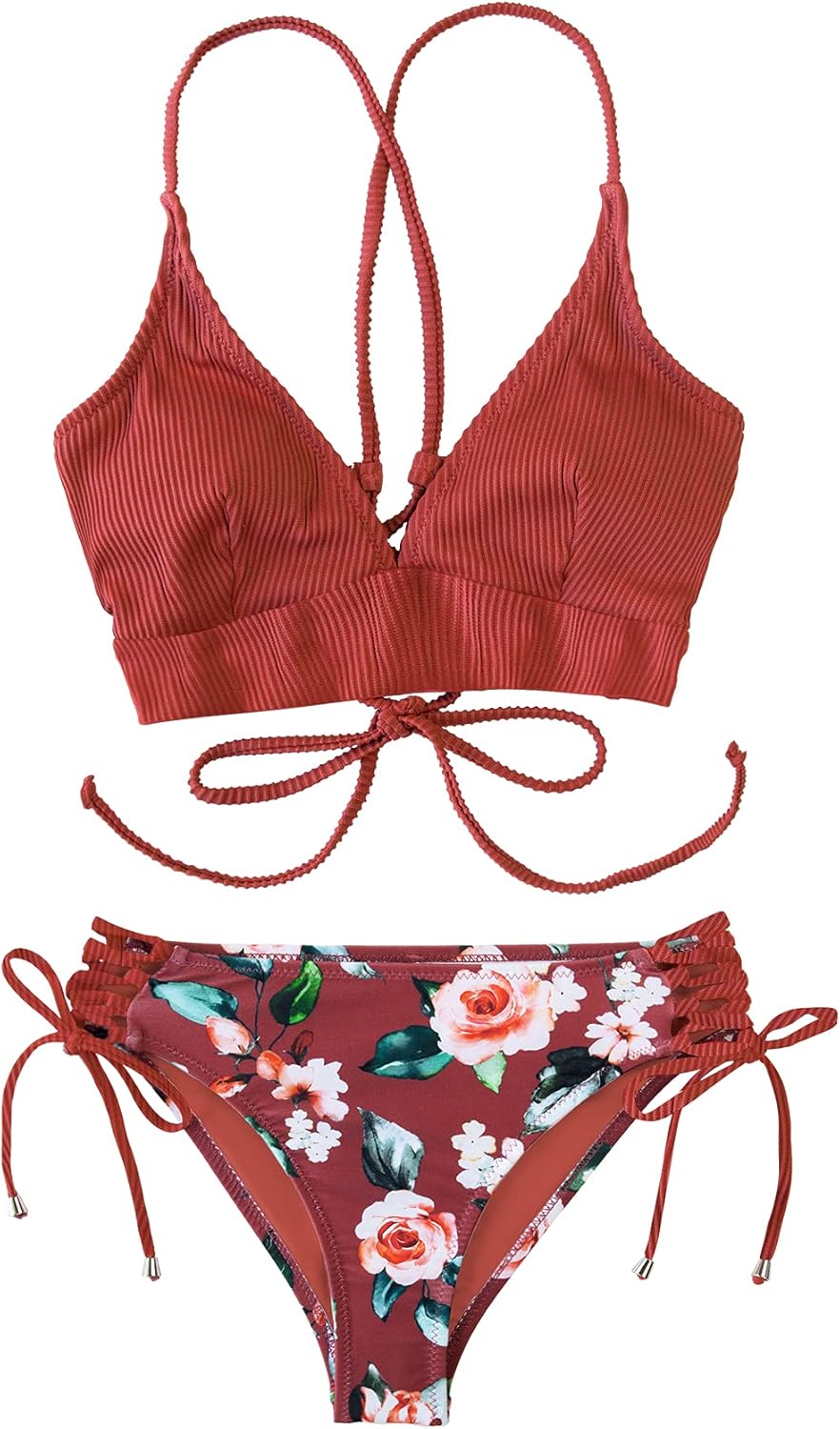CUPSHE Women's Bikini Swimsuit Lace Up Floral Printed Two Piece Bathing